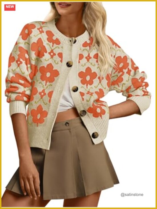 Sweaters - Womens Floral Cardigan Long Sleeve Open Front Knit Sweater Button Down Retro
